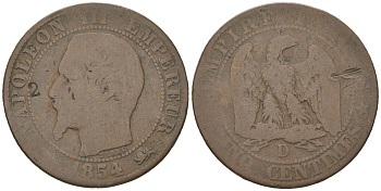 Франция 5 сантимов 1854 D, Наполеон III (1852-1870) KM 777.4 бронза 4582-1241