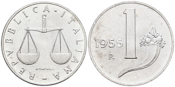 Италия 1 лира 1955 R, весы KM 91 алюминий  UNC  4594-742