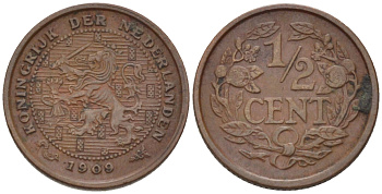 НИДЕРЛАНДЫ 1/2 ЦЕНТА 1909 ВИЛЬГЕЛЬМИНА (1890-1948) KM 138 бронза 39-155