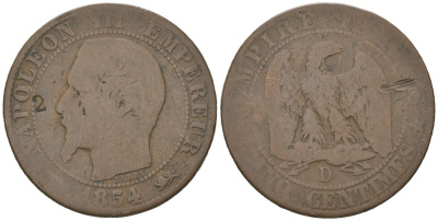 Франция 5 сантимов 1854 D, Наполеон III (1852-1870) KM 777.4 бронза 4582-1241