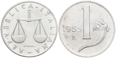 Италия 1 лира 1955 R, весы KM 91 алюминий  UNC  4594-742