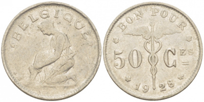 БЕЛЬГИЯ 50 САНТИМОВ 1928 BELGIQUE KM 87 никель 261-1624