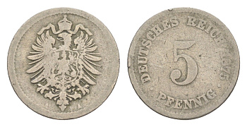 Германия 5 пфеннигов 1875 A, Вильгельм II (1888-1918) KM 3, J. 3 медно-никель 4647-855