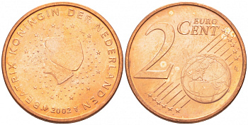 НИДЕРЛАНДЫ 2 ЕВРОЦЕНТА 2002 KM 235 сталь покрытая медью UNC 3457-1116