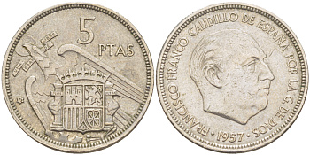 ИСПАНИЯ 5 ПЕСЕТ 1957 (73) ФРАНСИСКО ФРАНКО ДИКТАТОР ИСПАНИИ ( 1939- 1975) KM 786 медно-никель 216-633