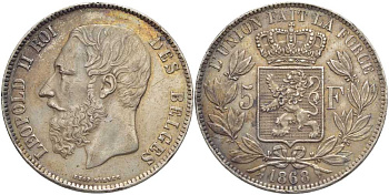 Бельгия 5 франков 1868 Леопольд II (1865-1909), ПОЗИЦИЯ А KM 24 серебро 5010-831