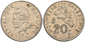 Французская Новая Каледония 20 франков 2010 три быка, (IEOM) KM 12a, Schoen 14a медно-никель 4137-425