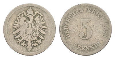 Германия 5 пфеннигов 1875 A, Вильгельм II (1888-1918) KM 3, J. 3 медно-никель 4647-855