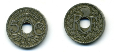 Франция 5 сантимов 1919 тип Линдайё KM 865, Le Franc 121.3 медно-никель 84-326