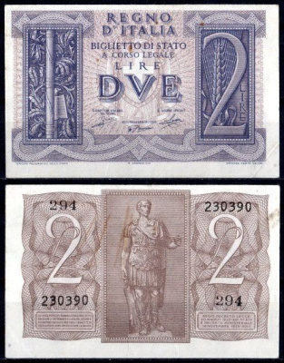 Италия 2 лиры 1939 Pick 27 бумага 8621-12-2-2