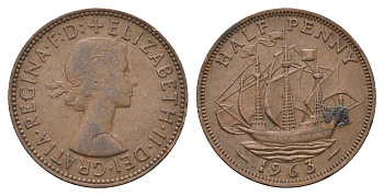 Великобритания 1/2 пенни 1963 Елизавета II (1952-2022) KM 896, Spink 4158 бронза 4699-427
