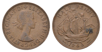 Великобритания 1/2 пенни 1963 Елизавета II (1952-2022) KM 896, Spink 4158 бронза 4699-427