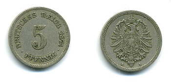 ГЕРМАНИЯ 5 ПФЕННИГОВ 1874 A, СТАРОГЕРБОВКА KM 3, J. 3 медно-никель 54-355