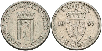 Норвегия 1 крона 1957 Хокон VII (1905-1957) KM 397 медно-никель 4571-415
