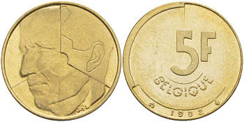БЕЛЬГИЯ 5 ФРАНКОВ 1992 BELGIQUE, БОДУЭН I (1951-1993) KM 163 латунь или алюминиевая бронза 4364-3127