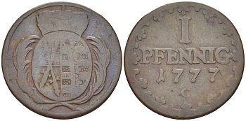 САКСОНИЯ 1 ПФЕННИГ 1777 С, ФРИДРИХ АВГУСТ III (1763-1806) KM 1000 (С91) медь 206-351