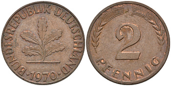 ФРГ 2 ПФЕННИГА 1970 J KM 106a, J.381a сталь плакированная сталь плакированная медьюю 75-439