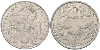 Французская Новая Каледония 5 франков 2007 птица кагу, (IEOM) KM 16, Schoen 12, Lec 81k алюминий 215-246