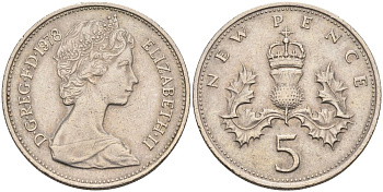 Великобритания 5 пенсов 1978 Елизавета II (1952-2022) KM 911, Spink 4233 (D1) медно-никель 4116-812