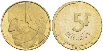 БЕЛЬГИЯ 5 ФРАНКОВ 1992 BELGIQUE, БОДУЭН I (1951-1993) KM 163 латунь или алюминиевая бронза 4364-3127