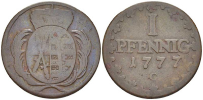 САКСОНИЯ 1 ПФЕННИГ 1777 С, ФРИДРИХ АВГУСТ III (1763-1806) KM 1000 (С91) медь 206-351