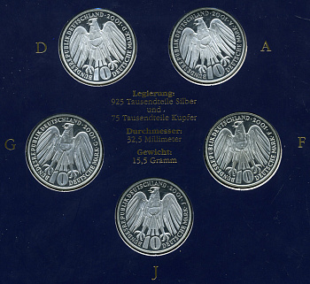 ФРГ набор из 5 штук по 10 марок 2001 A, D, F, G, J, 50 лет Федерального Конституционного суда Германии KM 206 серебро PROOF 6-5-2-9