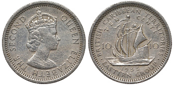 Британские Восточно-Карибские территории 10 центов 1955 Елизавета II (1952-2022), парусник KM 5 медно-никель 4128-915