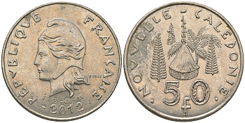 Французская Новая Каледония 50 франков 2012 хижина среди сосен и пальм, (IEOM) KM 13a, Schoen 15a, Lec 128i медно-никель 115-1143