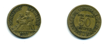 ФРАНЦИЯ 50 САНТИМОВ 1927 ТИП CHAMBRES DE COMMERCE KM 834, LE FRANC 191.10 алюминиевая бронза 84-368