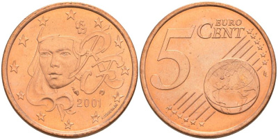 Франция 5 евроцентов 2001 KM 1284 сталь плакированная медью UNC 68-741