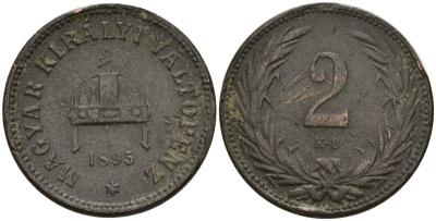 Венгрия 2 филлера 1895 KB, Франц Иосиф I (1848-1916) KM 481 бронза 4151-919
