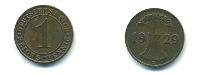 ГЕРМАНИЯ 1 РЕЙХСПФЕННИГ 1929 D KM 37, J 313 бронза 80-755