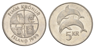 Исландия 5 крон 1999 дельфины KM 28a сталь плакированная никелем 4691-424
