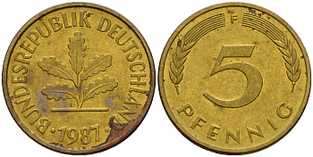 ФРГ 5 пфеннигов 1987 F J.382, KM 107 сталь плакированная латунью    4598-1053