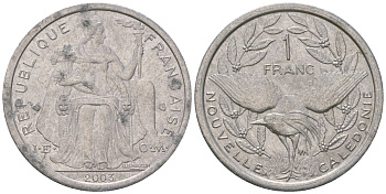 Французская Новая Каледония 1 франк 2003 птица кагу, (IEOM) KM 10, Schoen 10, Lec 52h алюминий 46-2622