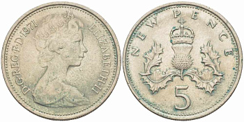 Великобритания 5 пенсов 1971 Елизавета II (1952-2022) KM 911, Spink 4233 (D1) медно-никель 31-1117