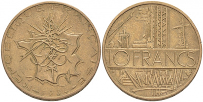 Франция 10 франков 1984 тип Матье KM 940, Le Franc 365.23-24 никель латунь 4402-1145