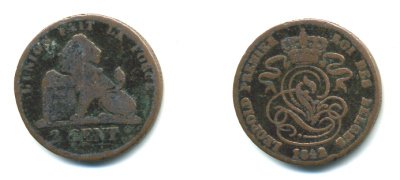 БЕЛЬГИЯ 2 ЦЕНТА 1842 BELGES KM 4.2 медь 51-1821