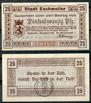 Германия, Эшвайлер 25 пфеннигов 1918 нотгельд, 1.11.1918 бумага UNC (пресс) 8614-46-2-1
