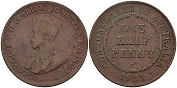 АВСТРАЛИЯ 1/2 ПЕННИ 1921 ГЕОРГ V KM 22 бронза 67-1216