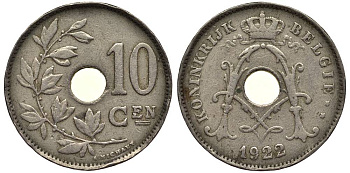 БЕЛЬГИЯ 10 САНТИМОВ 1922 BELGIE, АЛЬБЕРТ I (1909-1934) KM 86 медно-никель 27-857