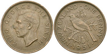 Новая Зеландия 1 пенни 1951 Георг VI (1936-1952), новозеландский туи KM 21 бронза 4536-841