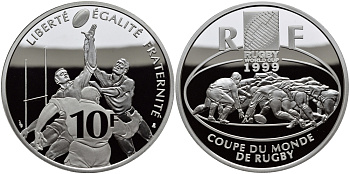 ФРАНЦИЯ 10 ФРАНКОВ 1999 ЧЕМПИОНАТ МИРА ПО РЕГБИ KM 1294 серебро PROOF 1068-10-51