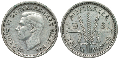 Австралия 3 пенса 1951 m, Георг VI (1937-1952), без букв KM 44 серебро 71-315