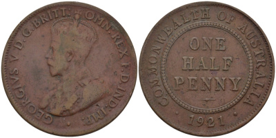 АВСТРАЛИЯ 1/2 ПЕННИ 1921 ГЕОРГ V KM 22 бронза 67-1216