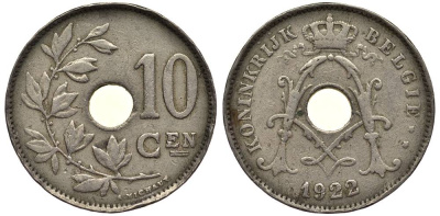 БЕЛЬГИЯ 10 САНТИМОВ 1922 BELGIE, АЛЬБЕРТ I (1909-1934) KM 86 медно-никель 27-857