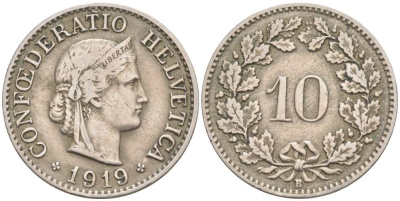 ШВЕЙЦАРИЯ 10 РАППЕНОВ 1919 В KM 27 медно-никель 66-643