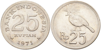 Индонезия 25 рупий 1971 венценосный голубь KM 34 медно-никель 187-415