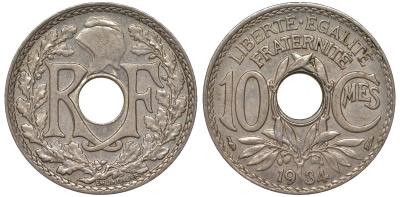 Франция 10 сантимов 1934 KM 866а медно-никель 4163-137