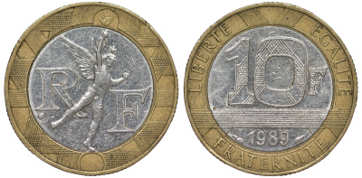 Франция 10 франков 1989 тип гений Бастилии KM 964.1, Le Franc 375.3 биметалл  45-634
